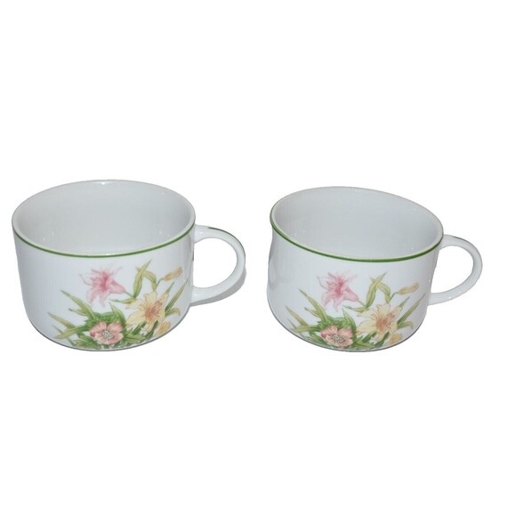 Vtg Soup Cups Jade Lily Porcelain Floral Shafford 1970 Japan  Handle 2 pc set - Picture 1 of 9